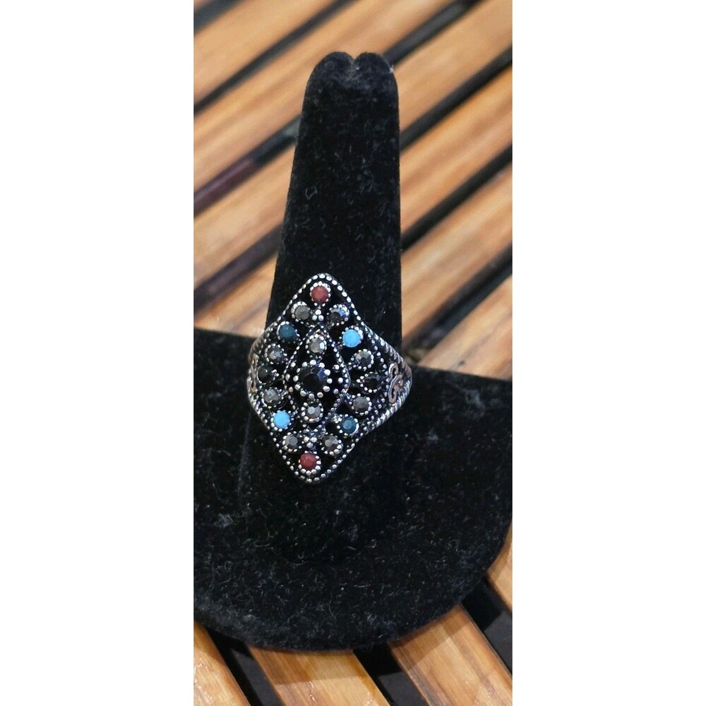 Vintage SilverTone Multi Color Rhinestone Statement Ring Size 9.75 Bohemian